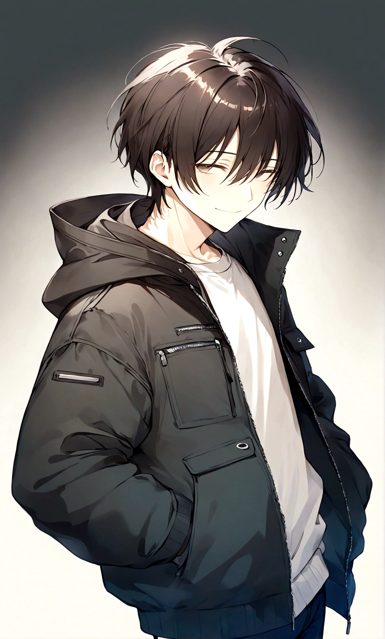 1boy，Black eyes，black hair，White shirt，Cardigan，Black down jacket，hood，hood羽绒，Male focus，solo，Upper Body