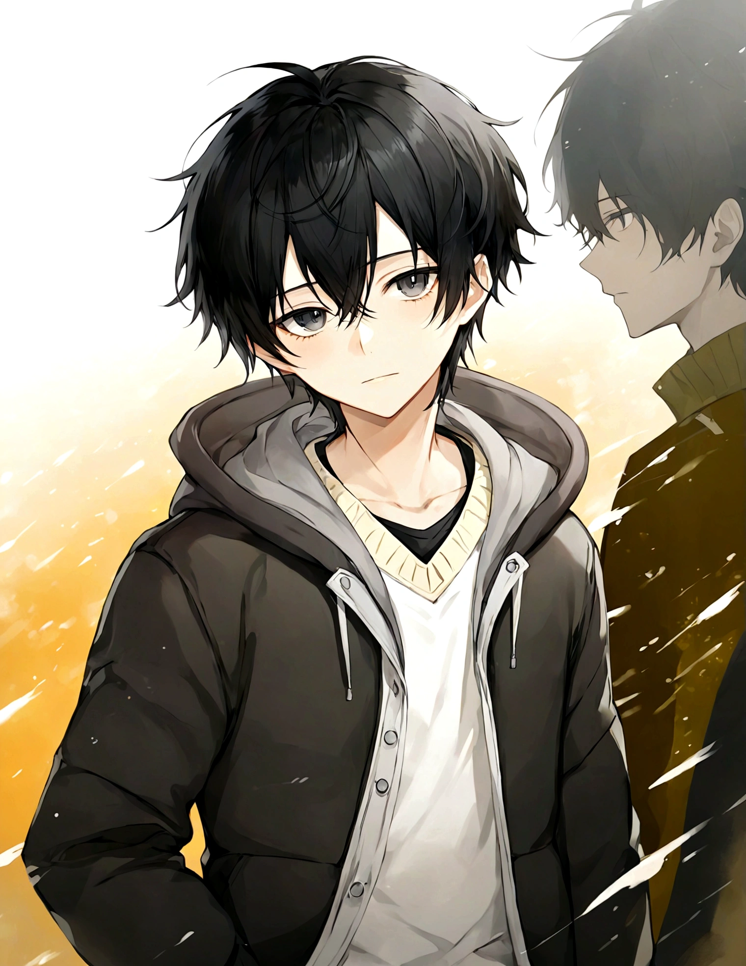 1boy，Black eyes，black hair，White shirt，Cardigan，Black down jacket，hood，hood羽绒，Male focus，solo，Upper Body