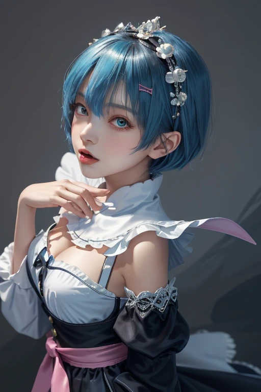 (​masterpiece, top-quality;1.3), ultra-detailliert, look at viewr, Kissed face, From above, open open mouth, full body Esbian, show me panties, Remu_Re_Staynight, blue hairs, short-haired, maid's uniform, hair adornments, low-cut, Maid headdress, Ribbon heart-shaped pupil, pink back ground,
