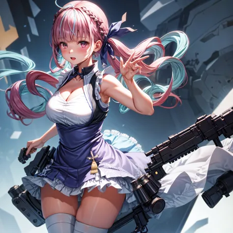 solo、1girl、full-body portraits、sleeveless、White-colored skin，Large Breasts,cleavage，assault rifle