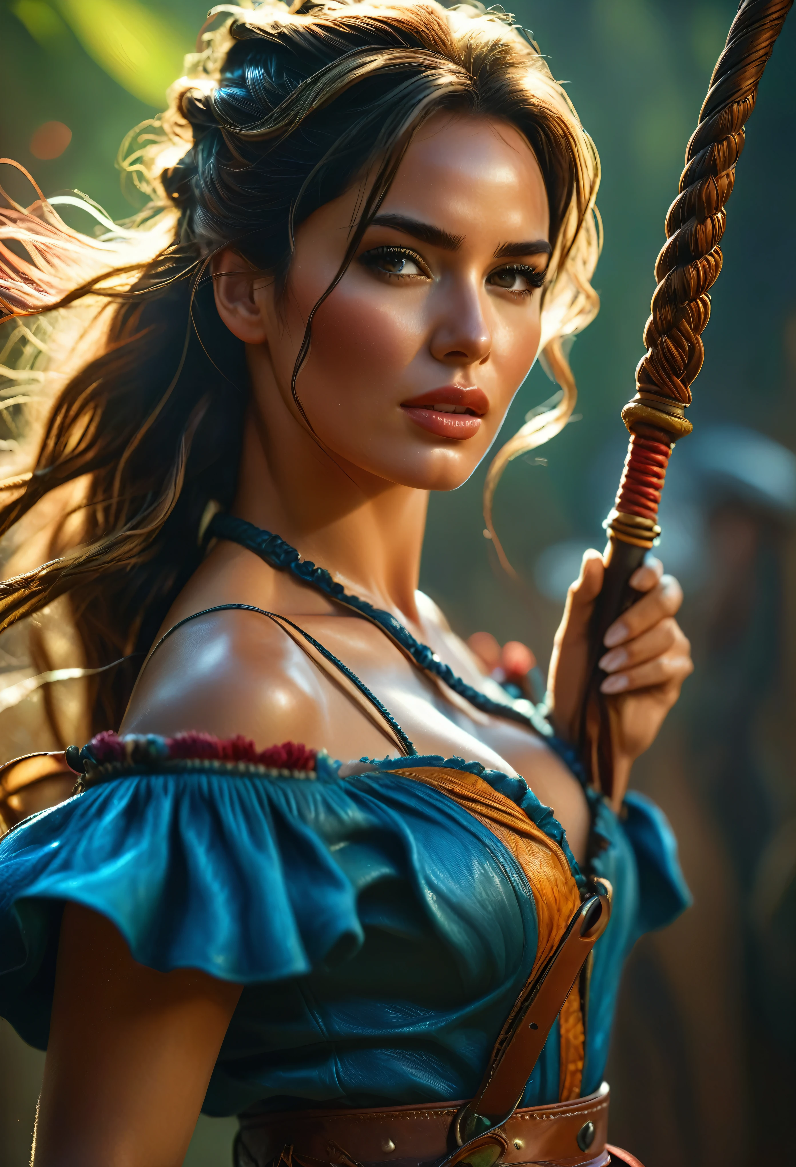 (best quality,4k,8k,highres,masterpiece:1.2),ultra-detailed,(realistic,photorealistic,photo-realistic:1.37), a beautiful female animal tamer, whip in hand, detailed face and expression, detailed clothing, high quality detailed portrait, hyper realistic, cinematic lighting, dramatic contrast, vibrant colors, fantasy art, moist skin texture, hyper detailed skin texture, Whip for taming wild animals, toned body