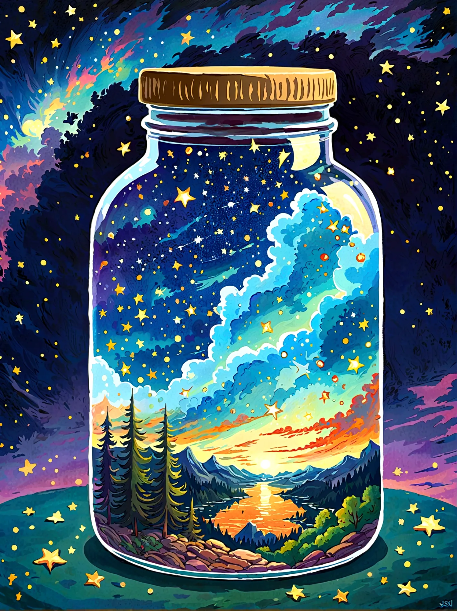 1pzsj1, Masterpiece，Top quality，(Very delicate and beautiful starry sky scenery trapped in a jar), world masterpiece theater, Hi...