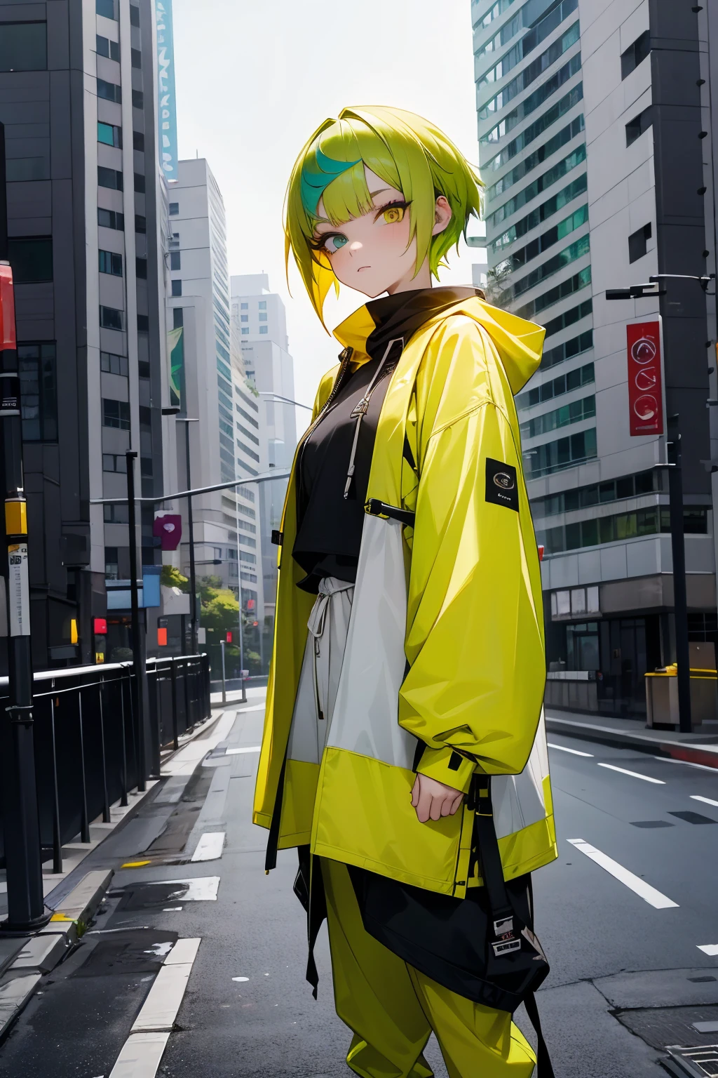 1female, yellow hair, green hair, heterochromia, yellow eye, green eye, baggy modern clothing, city background, detailed background, hands to side, standing on path, expressionless