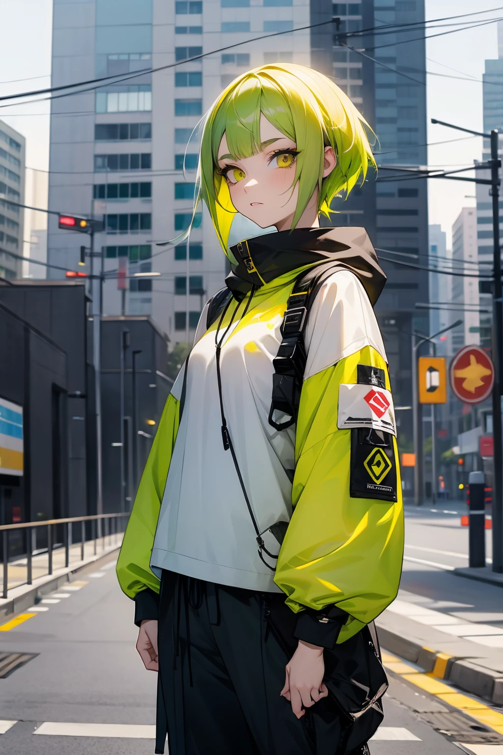 1female, yellow hair, green hair, heterochromia, yellow eye, green eye, baggy modern clothing, city background, detailed background, hands to side, standing on path, expressionless