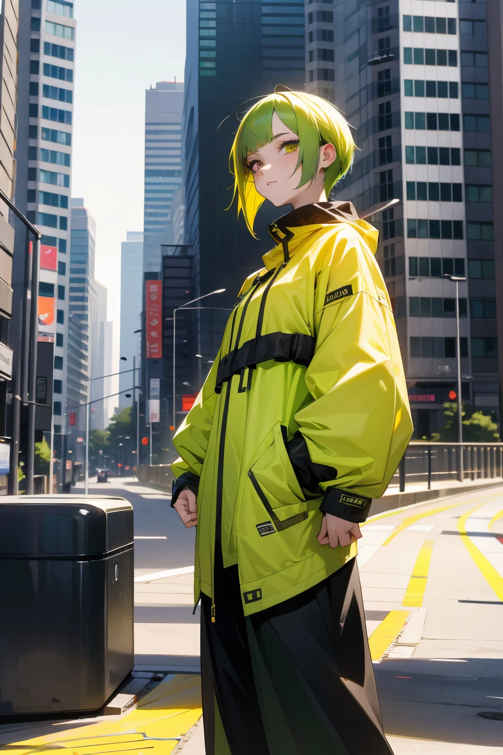 1female, yellow hair, green hair, heterochromia, yellow eye, green eye, baggy modern clothing, city background, detailed background, hands to side, standing on path, expressionless