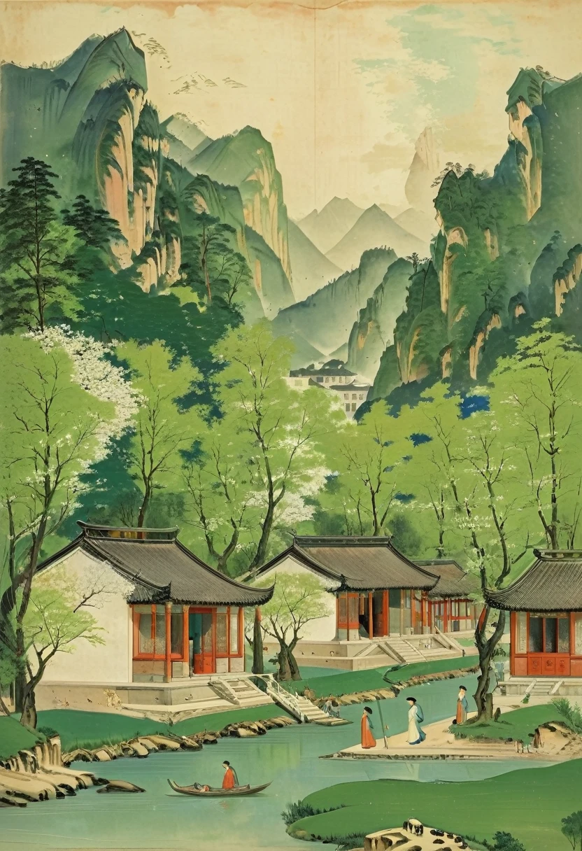 The large green and blue painting depicts the spring scenery by the river,The mountains are high，The trees are verdant. The houses with red pillars and green tiles in the woods at the foot of the mountain were crowded with people.. The river is sparkling，the vastness. Several people stopped on the shore to enjoy the scenery.,A bright spring day、scene,