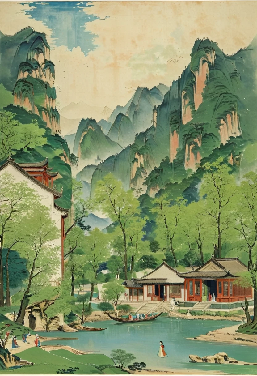 The large green and blue painting depicts the spring 場景ry by the river,山很高，树木葱茏. 山脚下树林中红柱绿瓦的房屋，人头攒动.. 河水波光粼粼，浩瀚. Several people stopped on the shore to enjoy the 場景ry.,明媚的春日、場景,