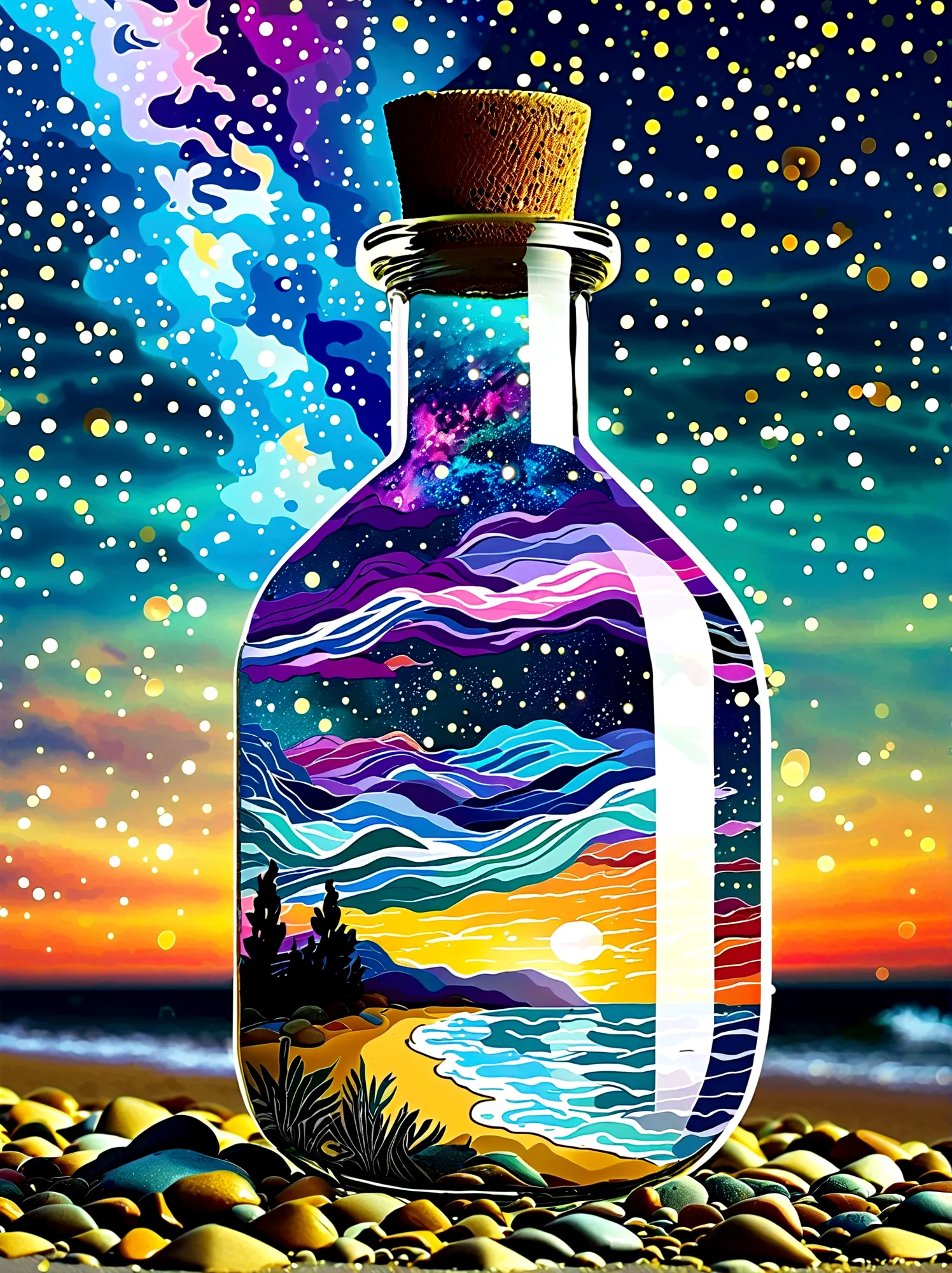 Starry sky Van Gogh painting trapped inside a hourglass bottle. Color and starry skies spilling out of the bottle and pooling on...