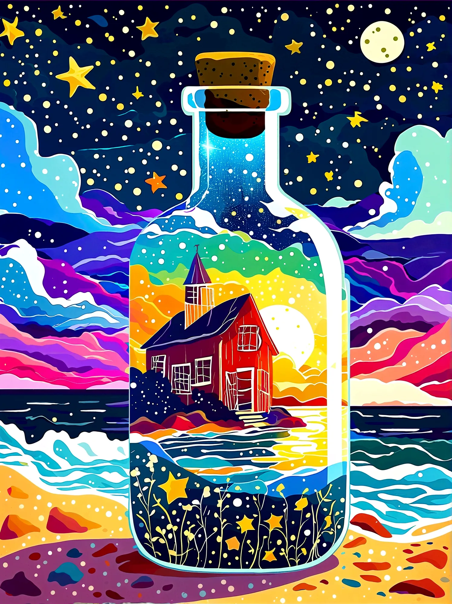 Starry sky Van Gogh painting trapped inside a hourglass bottle. Color and starry skies spilling out of the bottle and pooling on...