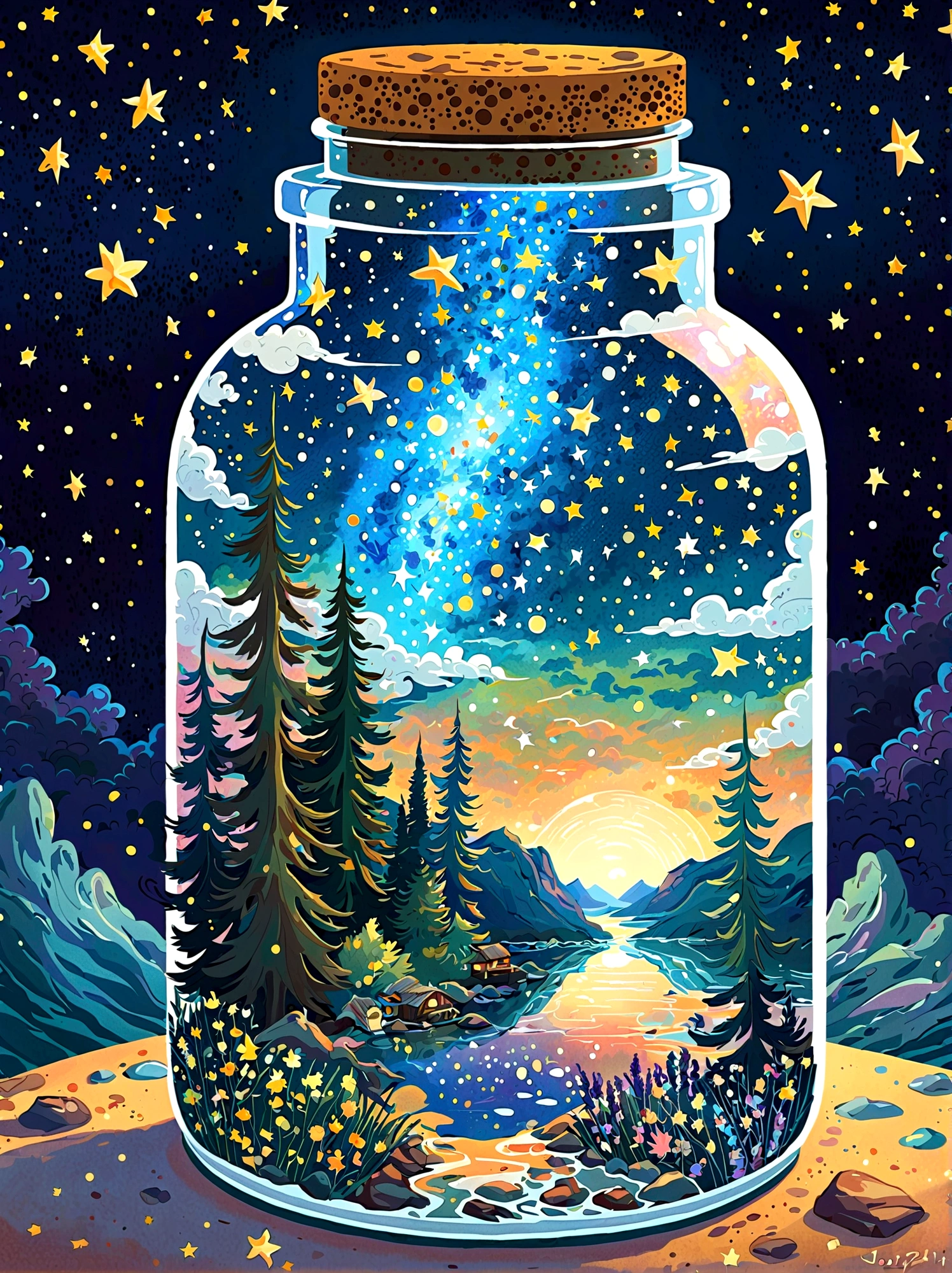 1pzsj1, Masterpiece，Top quality，(Very delicate and beautiful starry sky scenery trapped in a jar), world masterpiece theater, High resolution isometric, Top quality, illustration, Thick coating, canvas, painting, realism, Realism