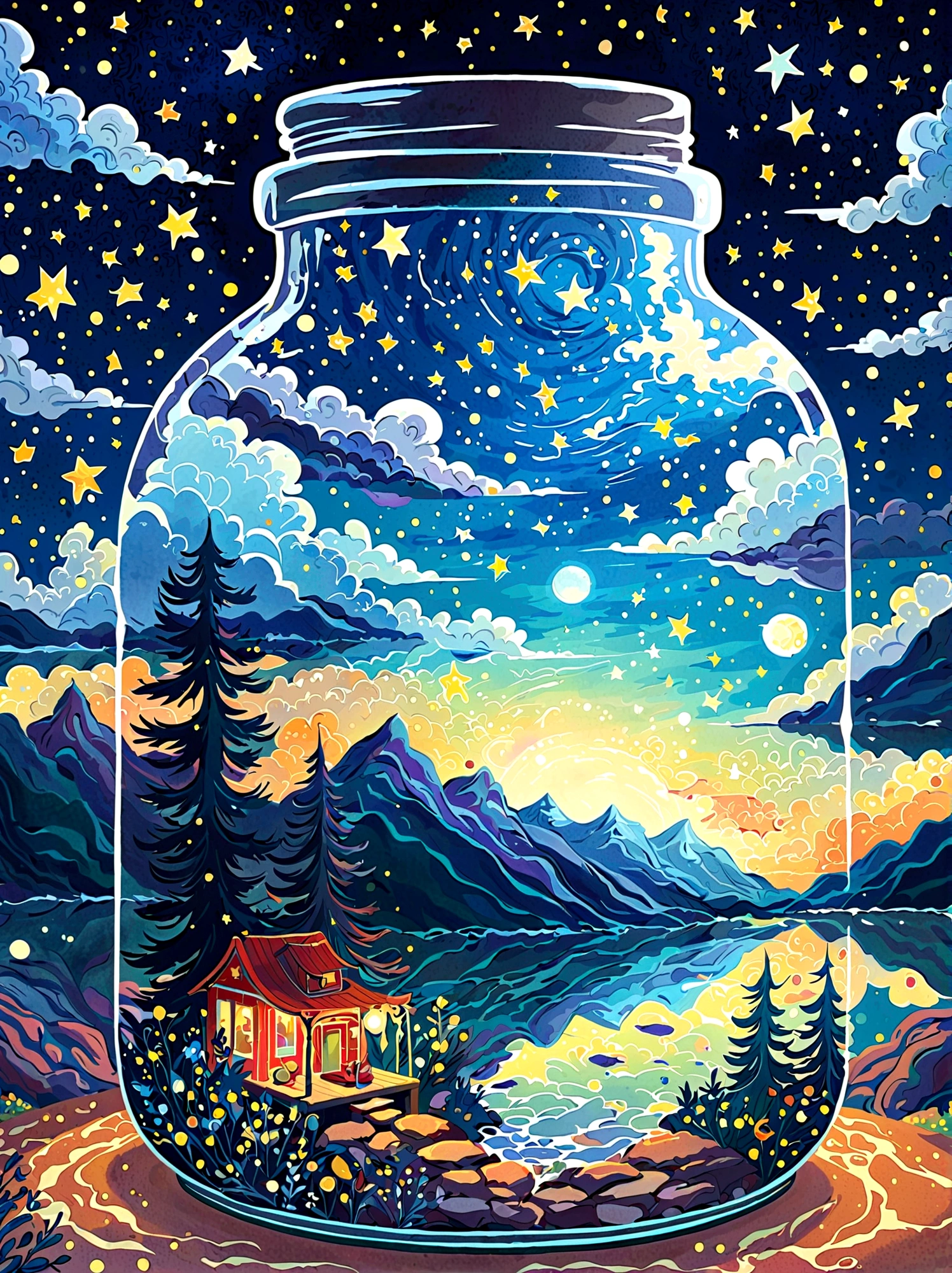 1pzsj1, Masterpiece，Top quality，(Very delicate and beautiful starry sky scenery trapped in a jar), world masterpiece theater, High resolution isometric, Top quality, illustration, Thick coating, canvas, painting, realism, Realism