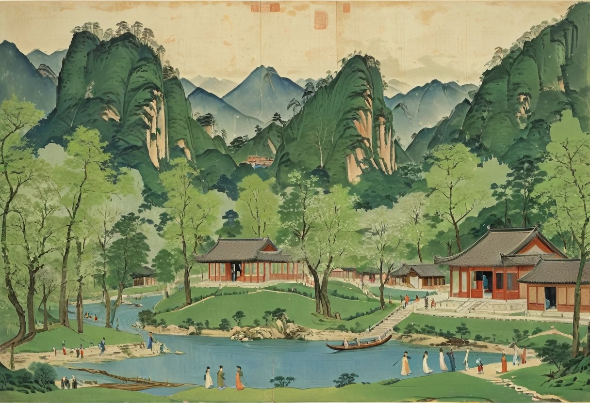 The large green and blue painting depicts the spring scenery by the river,The mountains are high，The trees are verdant. The houses with red pillars and green tiles in the woods at the foot of the mountain were crowded with people.. The river is sparkling，the vastness. Several people stopped on the shore to enjoy the scenery.,A bright spring day、scene,