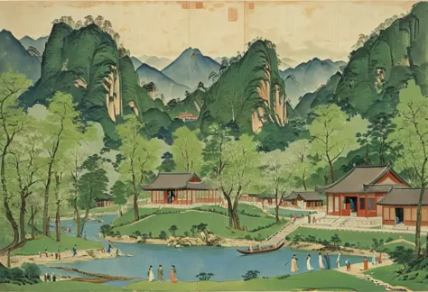 The large green and blue painting depicts the spring scenery by the river,The mountains are high，The trees are verdant. The hous...