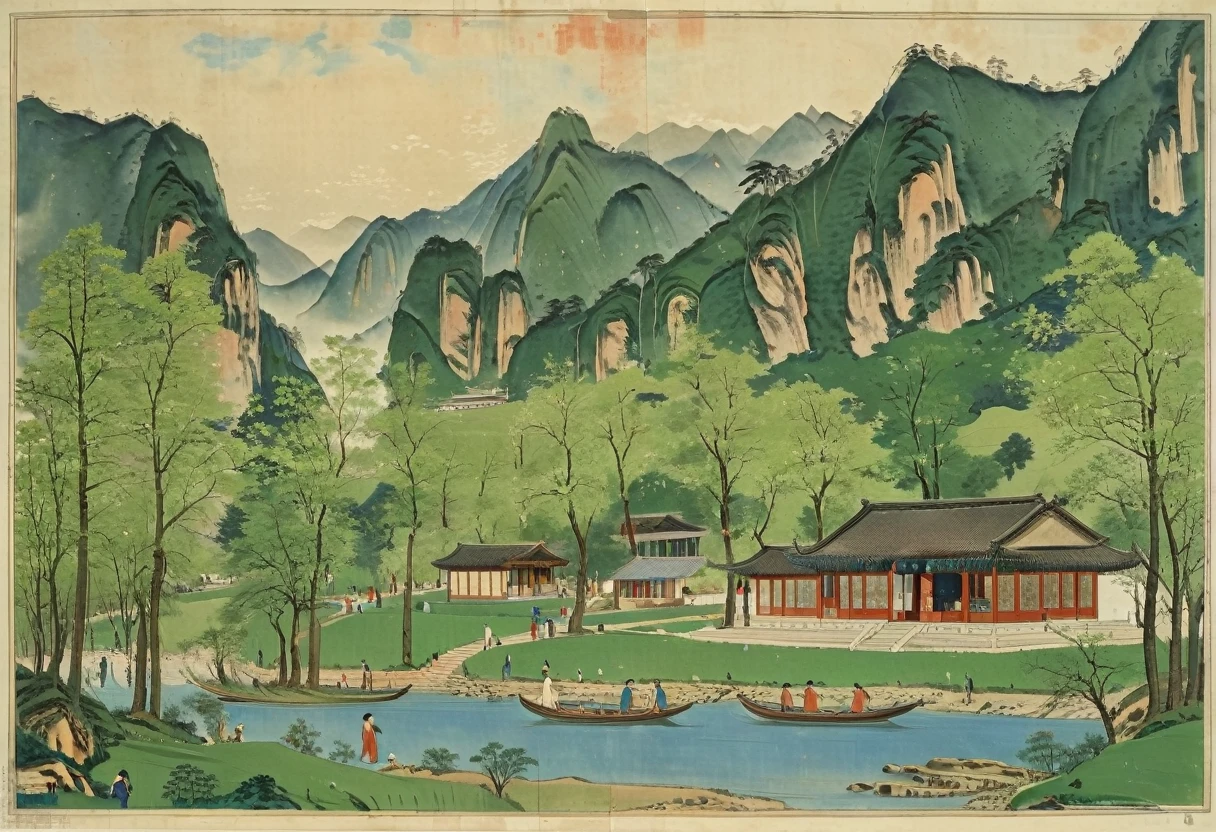 The large green and blue painting depicts the spring scenery by the river,The mountains are high，The trees are verdant. The houses with red pillars and green tiles in the woods at the foot of the mountain were crowded with people.. The river is sparkling，the vastness. Several people stopped on the shore to enjoy the scenery.,A bright spring day、scene,