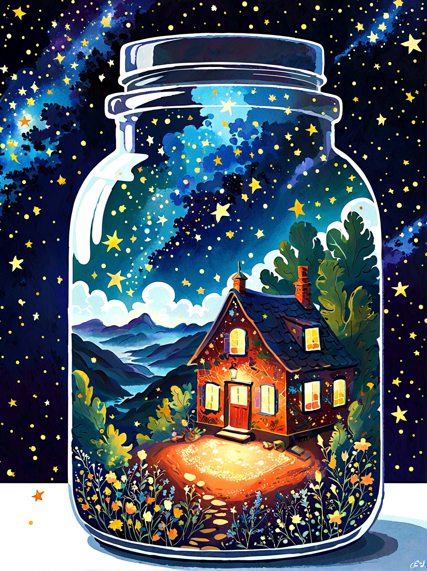 pzsj1, Masterpiece，Top quality，(Very delicate and beautiful starry sky scenery trapped in a jar), world masterpiece theater, High resolution isometric, Top quality, illustration, Thick coating, canvas, painting, realism, Realism