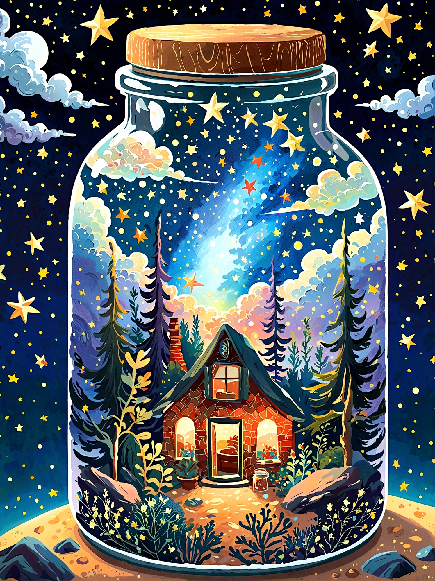 pzsj1, Masterpiece，Top quality，(Very delicate and beautiful starry sky scenery trapped in a jar), world masterpiece theater, High resolution isometric, Top quality, illustration, Thick coating, canvas, painting, realism, Realism