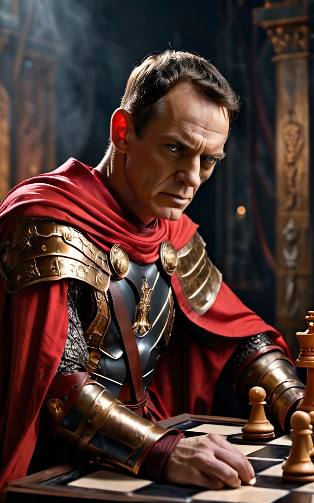 arafed man in armor playing a game of chess, julius caesar, wearing gilded red robes, roman emperor, magneto, inspired by Pogus Caesar, maximus jacobs, inspired by Caesar van Everdingen, portrait shot, caesar, high quality image, christopher lloyd as belial, bryan cranston as thor, arsen lupin as a paladin, background dark, hyper realistic, ultra detailed hyper realistic, photorealistic, Studio Lighting, reflections, dynamic pose, Cinematic, Color Grading, Photography, Shot on 50mm lens, Ultra-Wide Angle, Depth of Field, hyper-detailed, beautifully color, 8k, Detailed background, dark light, twilight lighting, Volumetric lighting, intricate details, ultra high definition,