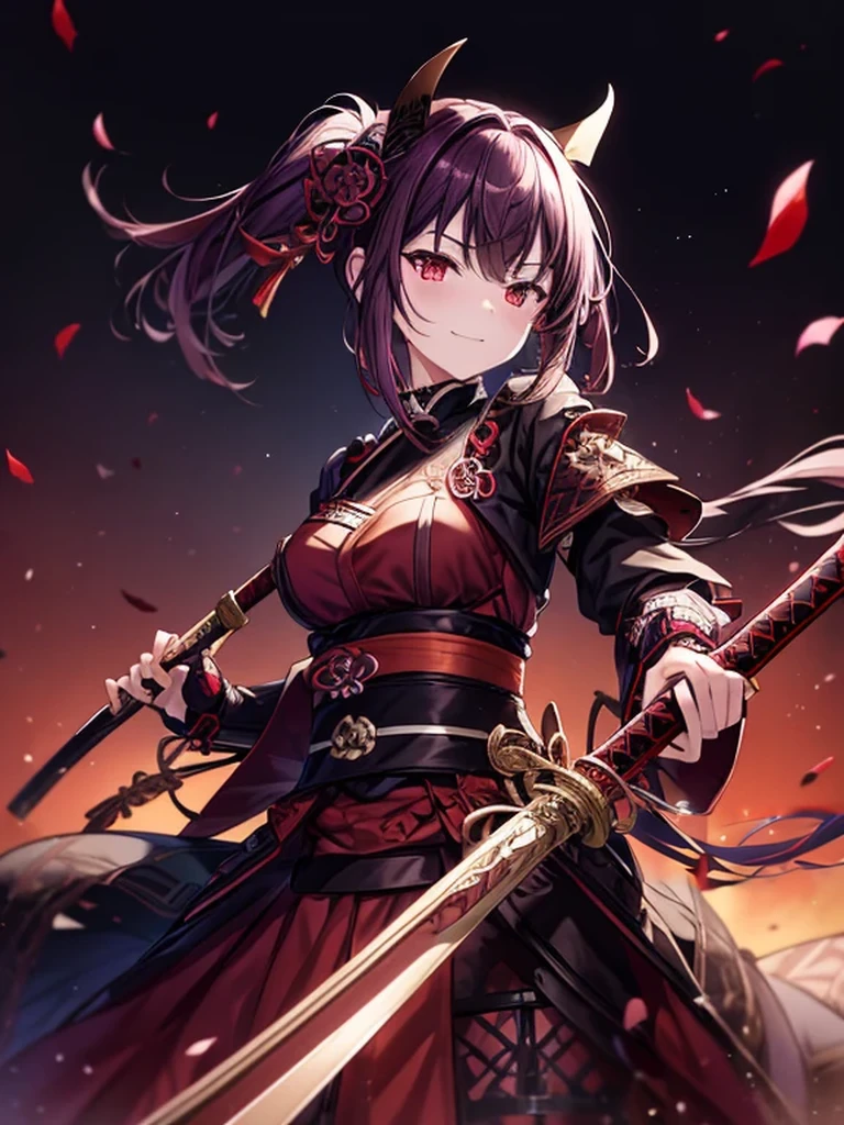 highest quality,4K,High resolution),Ultra-detailed,Realistic,Portraiture, Purple Samurai Succubus with Sword Dark Red Hair, A purple-dark red spring dress with gold trim and bright red eyes, Sparkling colors, Delicate features, A seductive gaze, Cute Smile, Flowing Hair, Soft lighting