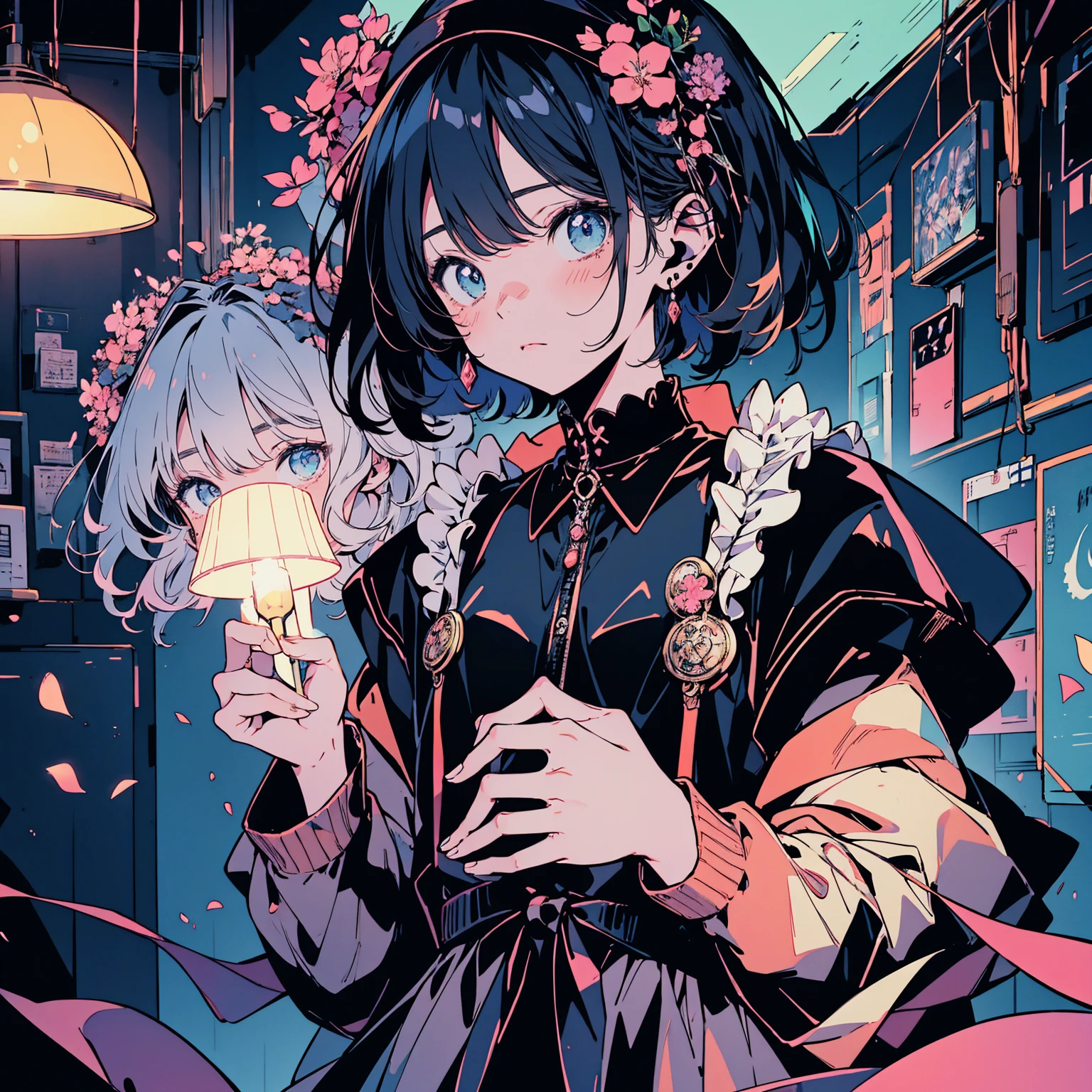 ultra detailed,best quality,delicate illustration,manga,pixiv art,anime art,unity 8k wallpaper,ultra delicate line drawing,kawaii,cool,nervous,upperbody,{{shiny short hair,black short hair,
Chic gothic punk style, black beret, hydrangea corsage,Holds a Mjolnir,war hammer}},vaporwave,high key lighting,high saturation,stylish ambiance,cinematic feel,depth of field,manga,pixiv art,best quality,beautiful detailed eyes,cinematic lighting,watercolor 