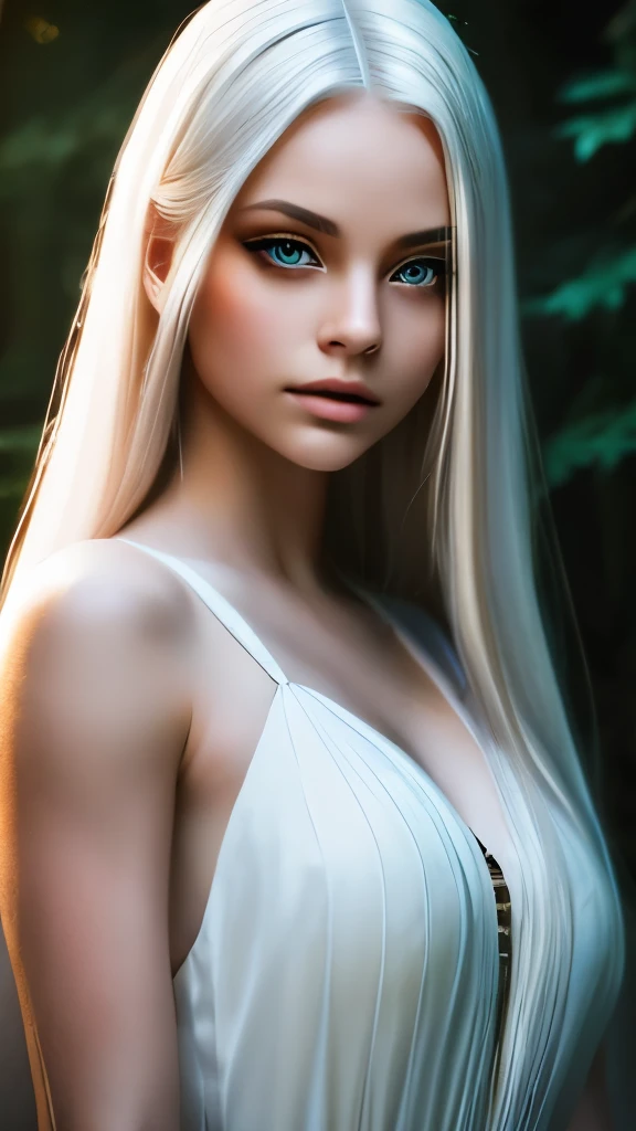 A stunning girl with long white hair, fair skin, and red eyes, in a forest with cinematic film lighting, dark and low-lit. She is wearing a white dress with golden hues, her eyes focused, looking at the viewer. Her skin is fair, her face delicate and flawless, a masterpiece, a work of art of the highest quality. The image is an incredibly detailed 8K CG wallpaper, with artistic cinematic lighting and film-like tones with a neutral filter.