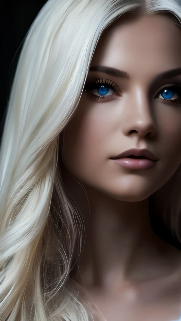 A stunning girl with long white hair, fair skin, and red eyes, in a forest with cinematic film lighting, dark and low-lit. She is wearing a white dress with golden hues, her eyes focused, looking at the viewer. Her skin is fair, her face delicate and flawless, a masterpiece, a work of art of the highest quality. The image is an incredibly detailed 8K CG wallpaper, with artistic cinematic lighting and film-like tones with a neutral filter.