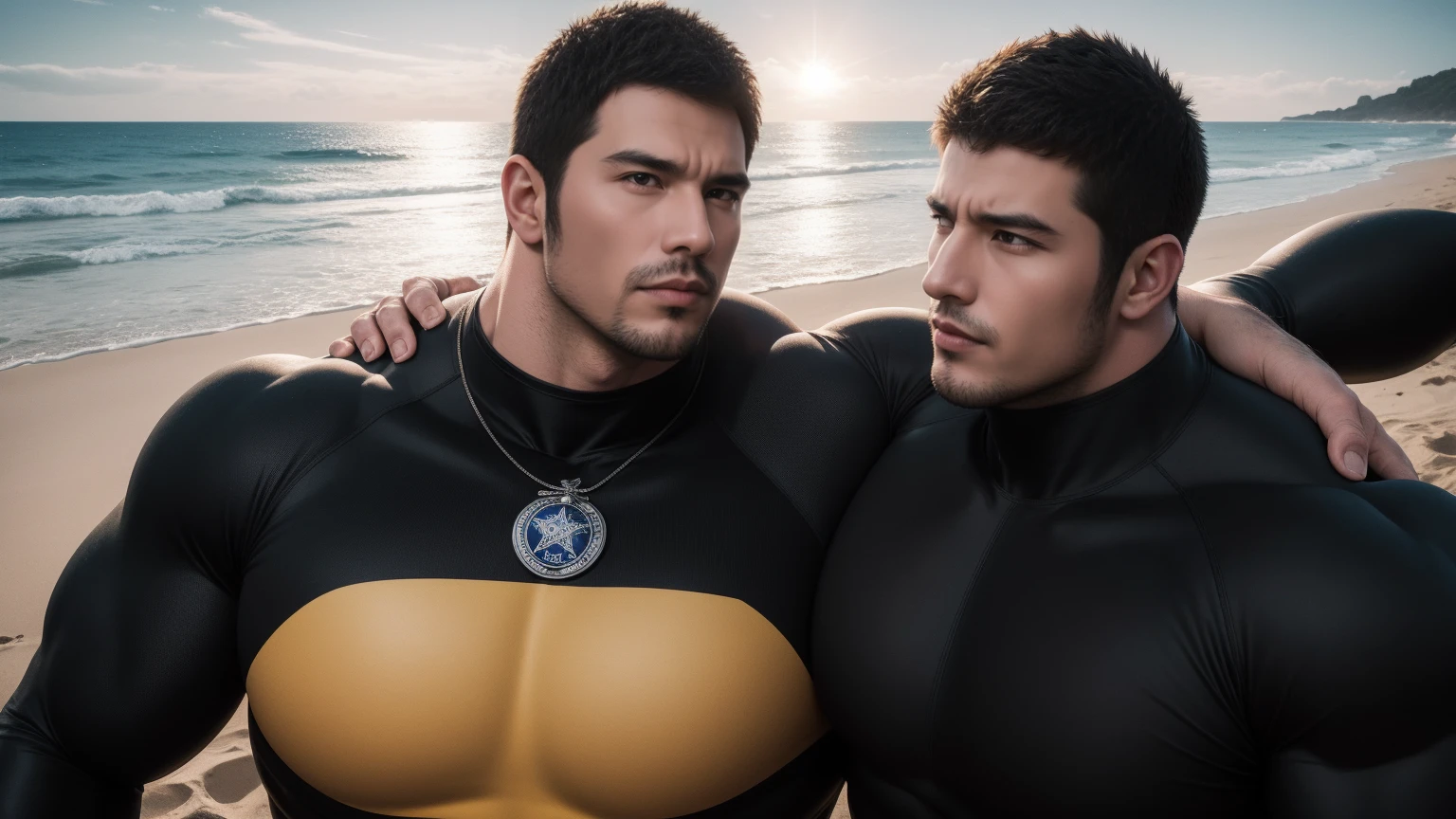 Super muscular man hugging,  Open your mouth and scream，Look at each other affectionately，They embrace affectionately，Sit on a soft inflatable floating raft，Beach under the scorching sun, Wear a long-sleeved, deep-layered high-necked wetsuit, Thickened warm elastic texture，Beach by the sea，beautiful landscape，The expression is arrogant, Thick thighs, messy hair, Thick thighs, High-necked long-sleeved dark yellow high-necked tights, very tight, Regular symmetrical pattern, Highlight muscles, Police uniform pants, character concept（Resident Evil - chris redfield, chris redfield）A proud expression, Deep and charming eyes, Valiant male pose, tall Burly, muscular！muscular thighs, Tough Guy, Perfect facial features, High, Burly, Heqiang, Super exquisite and cool, High Resolution Committee, Attractive, The sun is blazing, Dazzling