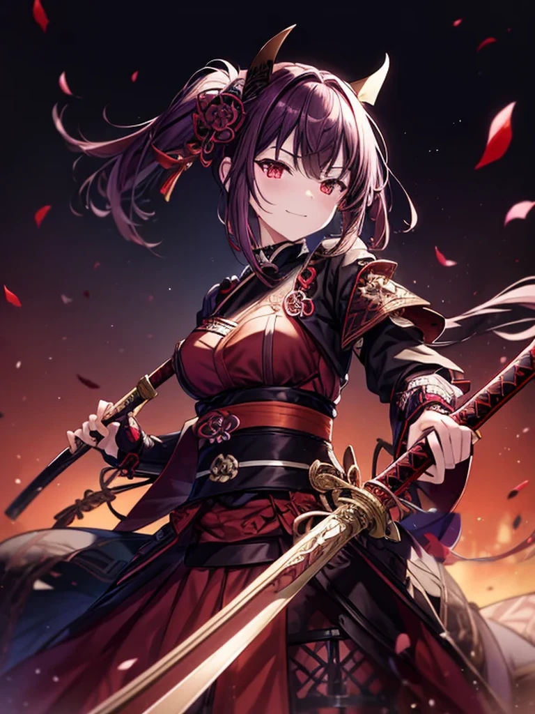 highest quality,4K,High resolution),Ultra-detailed,Realistic,Portraiture, Purple Samurai Succubus with Sword Dark Red Hair, A purple-dark red spring dress with gold trim and bright red eyes, Sparkling colors, Delicate features, A seductive gaze, Cute Smile, Flowing Hair, Soft lighting