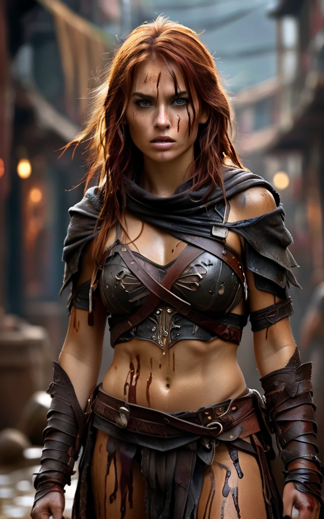 A naked tanned red-haired woman warrior with dark brown, her skin is dripping with sweat and is dirty, filthy, and with large bloodstains, She has a deep sword wound on her left shoulder, dressed only in an animal skin loincloth, and an energy sword attacked by a two gladiators, background dark, hyper realistic, ultra detailed hyper realistic, photorealistic, Studio Lighting, reflections, dynamic pose, Cinematic, Color Grading, Photography, Shot on 50mm lens, Ultra-Wide Angle, Depth of Field, hyper-detailed, beautifully color, 8k, Detailed background, dark light, twilight lighting, Volumetric lighting, intricate details, ultra high definition,