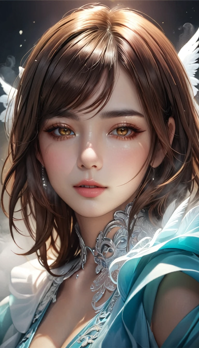 a beautiful woman with brown eyes and brown hair, ultra-detailed face, angelic, surrealistic style, hyperrealistic, stunning portrait, dramatic lighting, volumetric fog, glowing ethereal, intricate details, lush and vibrant colors, photorealistic, masterpiece, best quality, 8k, high resolution
