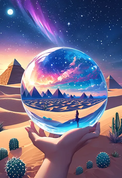 1pzsj1, A hand holding a crystal ball，(((Inside the crystal ball)))，(Ultra wide angle)，Inside the sphere，A girl is mesmerized by...