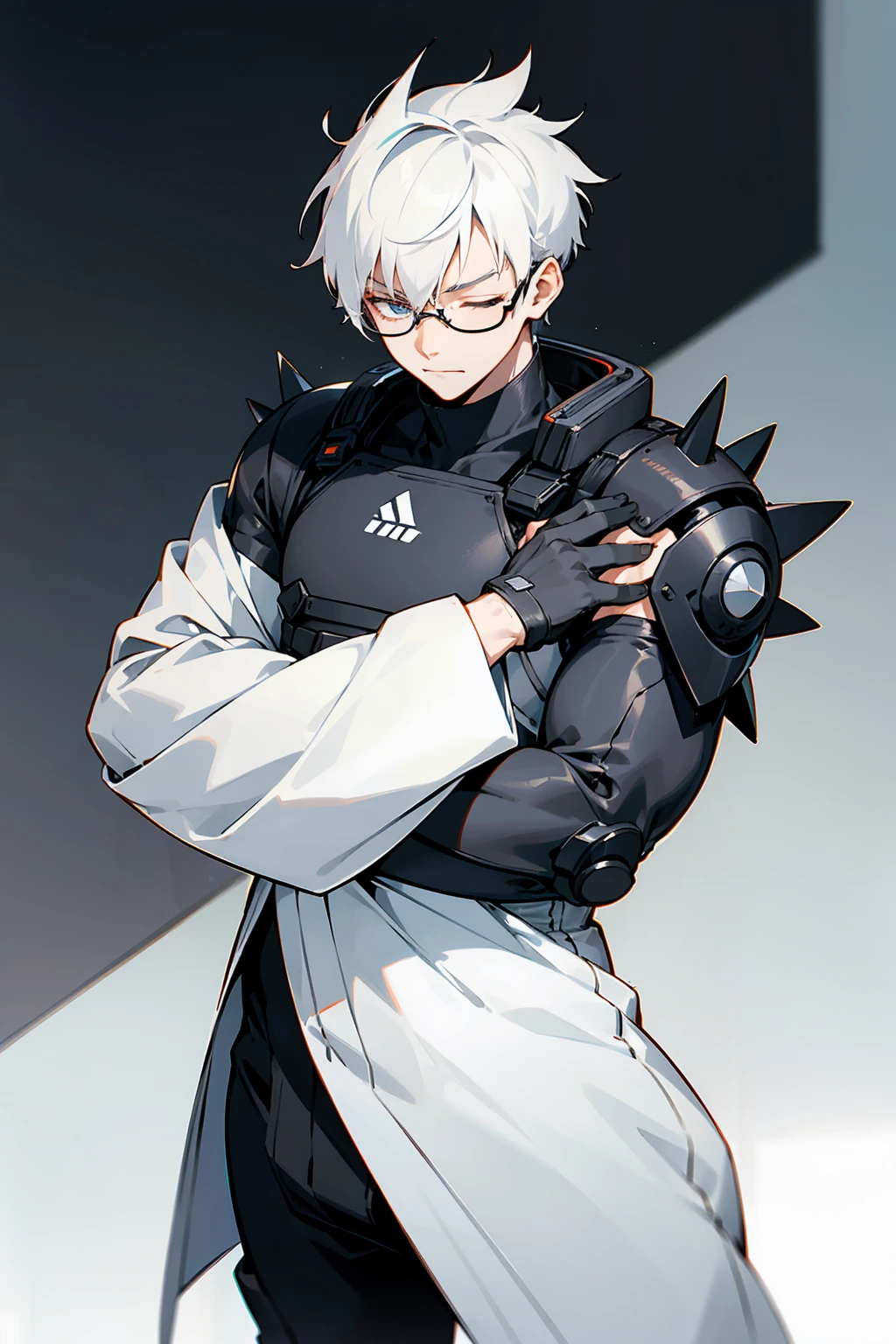 1male, Young Adult, White Hair, Eyes Closed, Short Hair, Spikey Hair, Dojo Background, Slight Smile, Glasses, Standing In City, Detailed background, Black and White Combat Suit