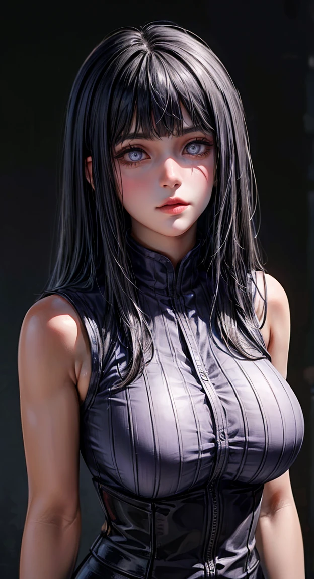 1girl, close up of face, adult, Hinata Hyuga, the last, shy girl, long black hair, blunt bangs, dark hair, Voluminous hair, lavender eyes, no pupils, Lavender Sleeveless Blouse, big breasts, slim waist, masterpiece, best quality, Professional, realistic.