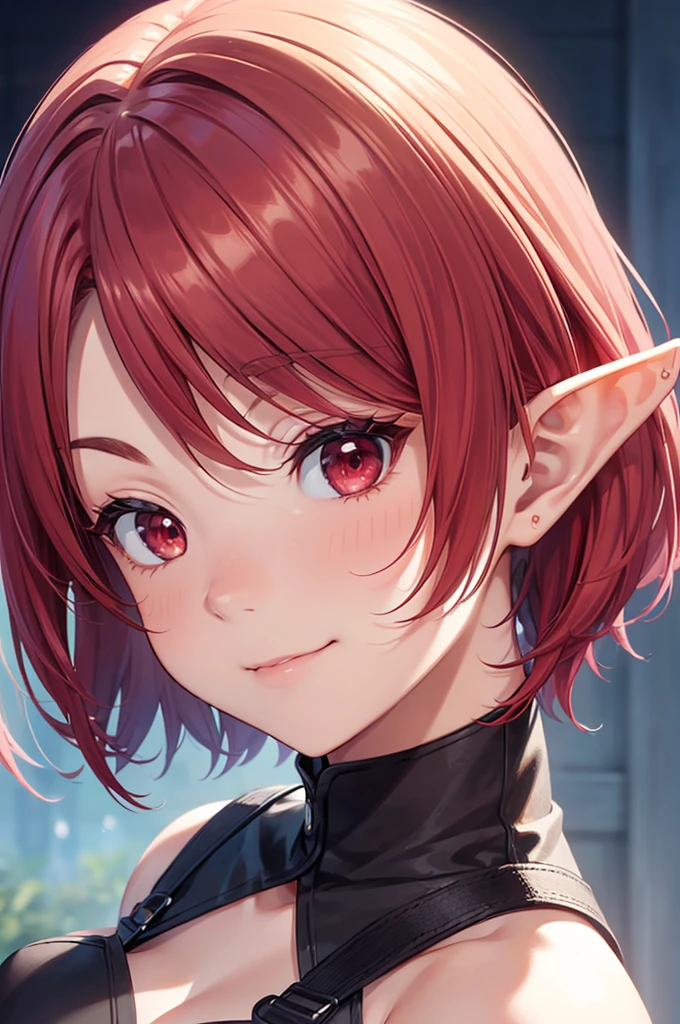 profile, face close-up, (((1girl, solo))), elf, elf ears, blonde girl, (cute face), (Ideal body proportions), ((scarlet slanted red eyes)), Drenched shortcut blond hair, smirk smile, shortcut hair, (((burgundy ombre hair))), , slenderness, masterpiece, ((Anatomically correct)), (portrait:1.5), (((face close-up))), focusing on eyes, professional light, amazing shadow, black dress
