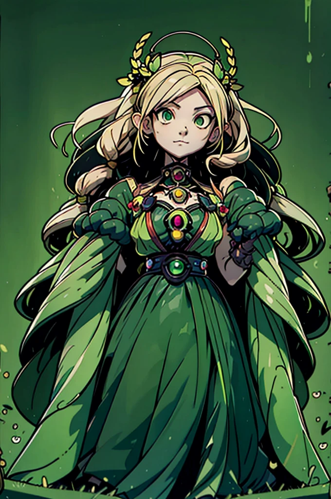 1girl, arachnid body blonde long hair, green clothes, green eyes, flat chest, background filled with insects, main character, boss style, hades style, hadesstyle, hades2style, hades 2 style, Arachne, Arachnea, silk weaver, insect lover, insects crawling