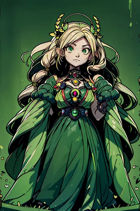 1girl, arachnid body blonde long hair, green clothes, green eyes, flat chest, background filled with insects, main character, bo...