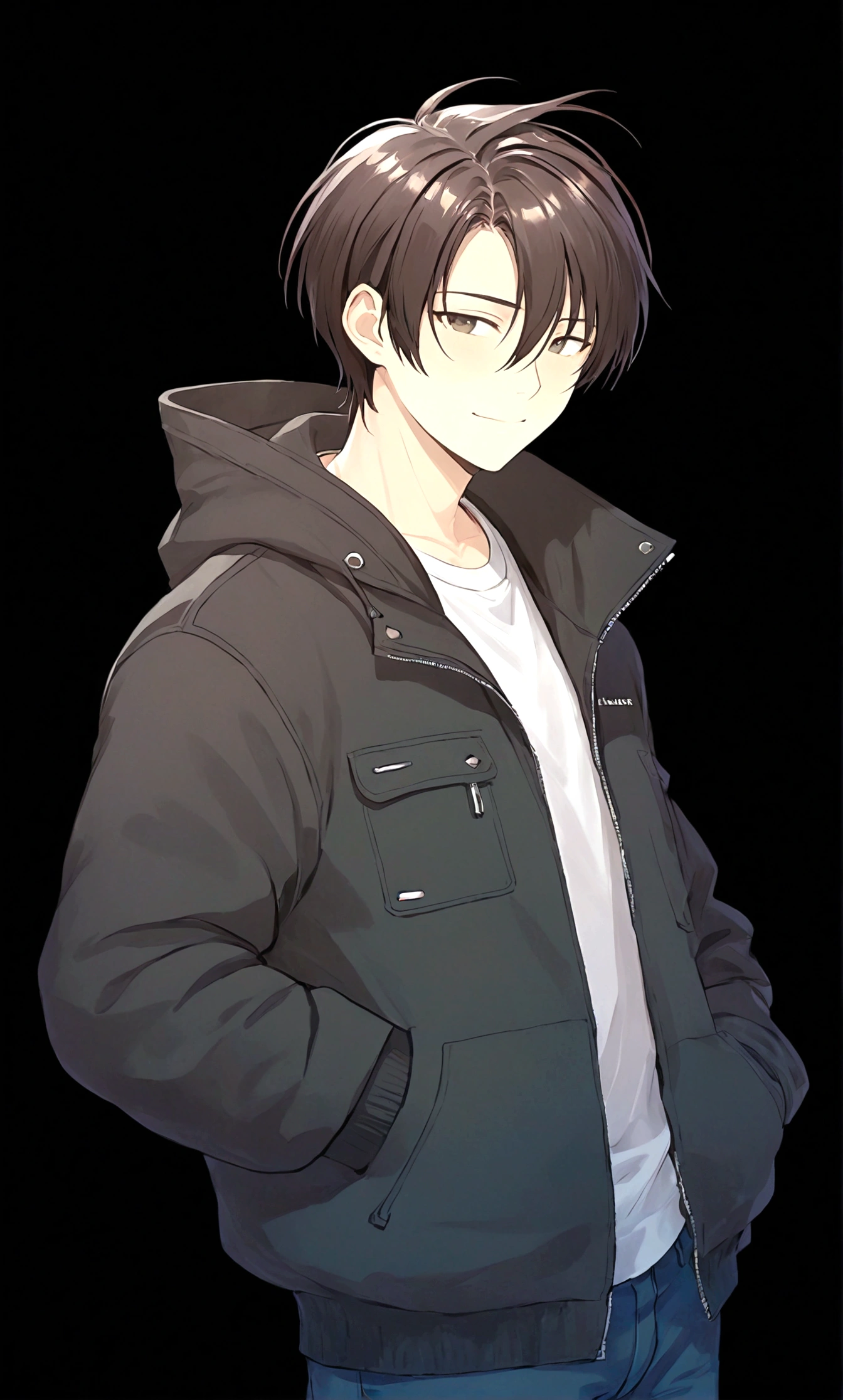 1boy，Black eyes，black hair，White shirt，Cardigan，Black down jacket，hood，hood羽绒，Male focus，solo，Upper Body