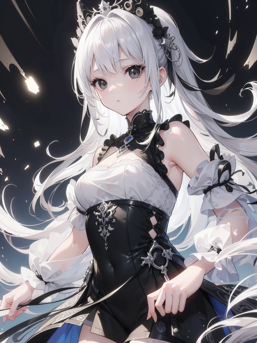 (Top image quality)、(Ultra Detailed)、(Facing forward)、top quality、masterpiece、(((1 名girl )))、、girl、Silver Hair、white hair、((Long hair))、(black eyes:1.6)