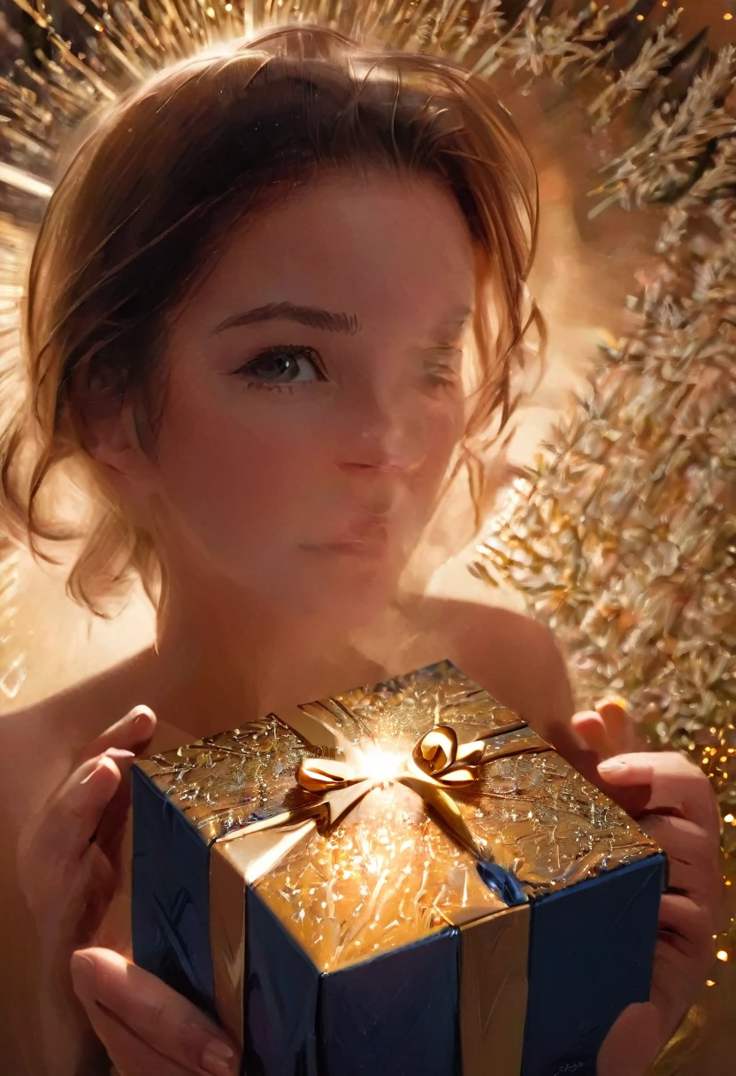 (الواقعية الانطباعية بواسطة csybgh), امرأة تفتح هدية غامضة, يضيء الضوء السحري الذهبي على وجهها من داخل صندوق الهدايا الأزرق, عين مشعة, تعبير عن عجب بهيجة, السعادة الشديدة النقية, gldnglry, ينظر إليها من الأمام, التركيز على الوجه, تحفة, (أيدي مثالية وأصابع مثالية)