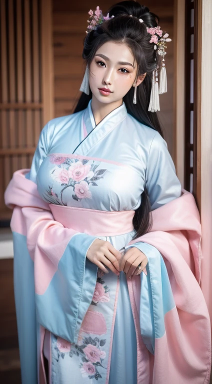Chinese Clothing，White clothing，This dress has a pink floral pattern，Chinese Art Style，Fashion model 18 years old [[[[Features]]]], ((Full and soft breasts,)))(((Large Breasts))) (((Cleavage)))[[[[]]]], [[[[Cole]]]], [[[[bShoulder]]]], Perfect eyes, Perfect iris，Perfect lips，Perfect Teeth，Perfect skin，Fair skin，Soft headlight，HDR，girl，Long gray hair，Sad expression，Background is outdoor，light blue flowers，4K Ultra HD, Ultra-high resolution, (Reality: 1.4), best quality，masterpiece，Super dilution，（Pastel colors：1.2）