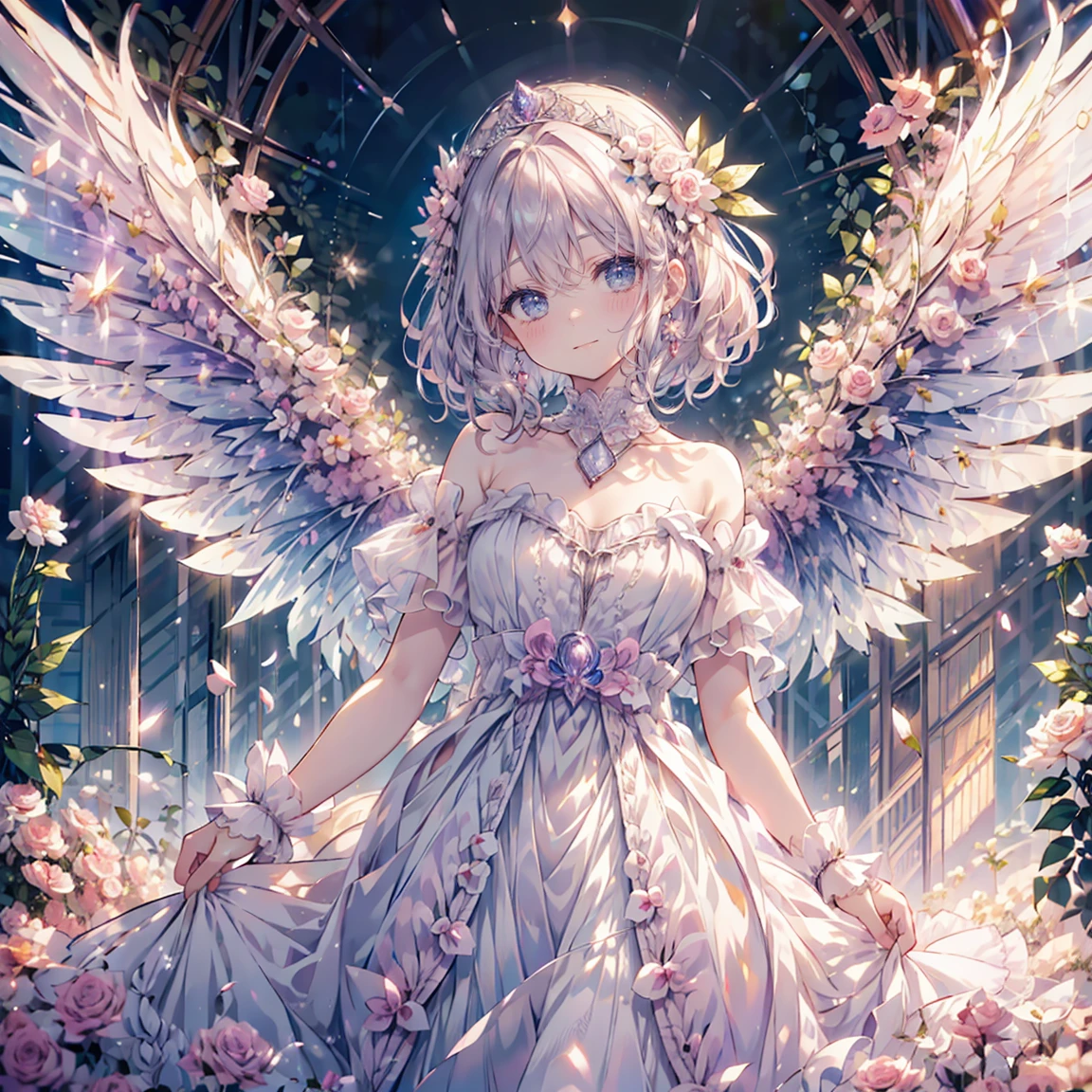 (highest quality, masterpiece, Very detailed, Very detailed, Exquisite, 16k,Full HD),A little closer,Golden Ratio,Dramatic lighting,pastel colour,seems to be happy,fly in the sky,Soft lighting, ((alone:1.5)),blue sky,White light,Rose Garden,Hanabubuki,,((head shot,Photo from the shoulders up)),(Fairy Princess, Purple eyes, Long eyelashes,White skin,slim,pale pink plump lips,Pale pink cheeks, The wind is blowing,white fluffy hair,thin and long,(thin and high nose,Small Nose),(Huge fairy wings just above her waist),Diamond Tiara,Diamond Earrings,Diamond Earrings,Diamond Choker,(white ball gown dress:1.1), Pure white lace and frills,(smile:1.2), (Fantasy, Romantic atmosphere), magic lights,