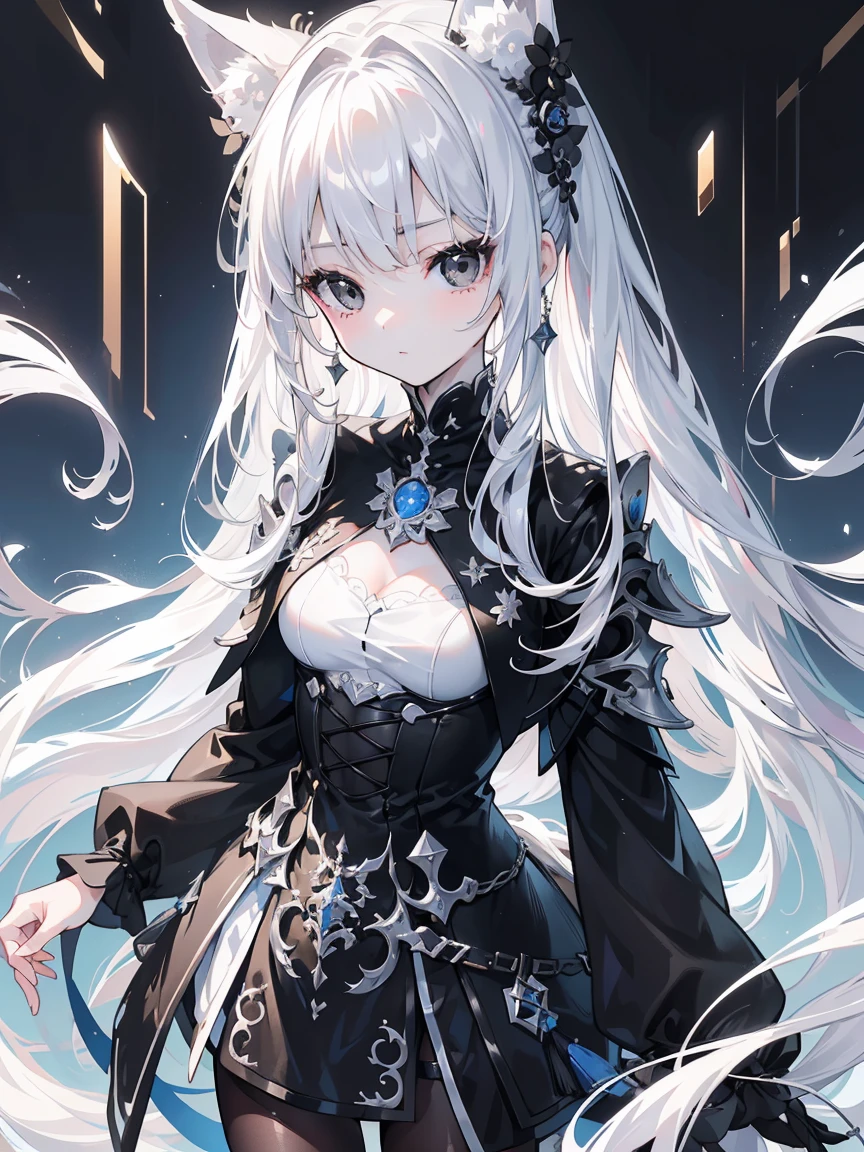 (Top image quality)、(Ultra Detailed)、(Facing forward)、top quality、masterpiece、(((1 名girl )))、、girl、Silver Hair、white hair、((Long hair))、(black eyes:1.6)