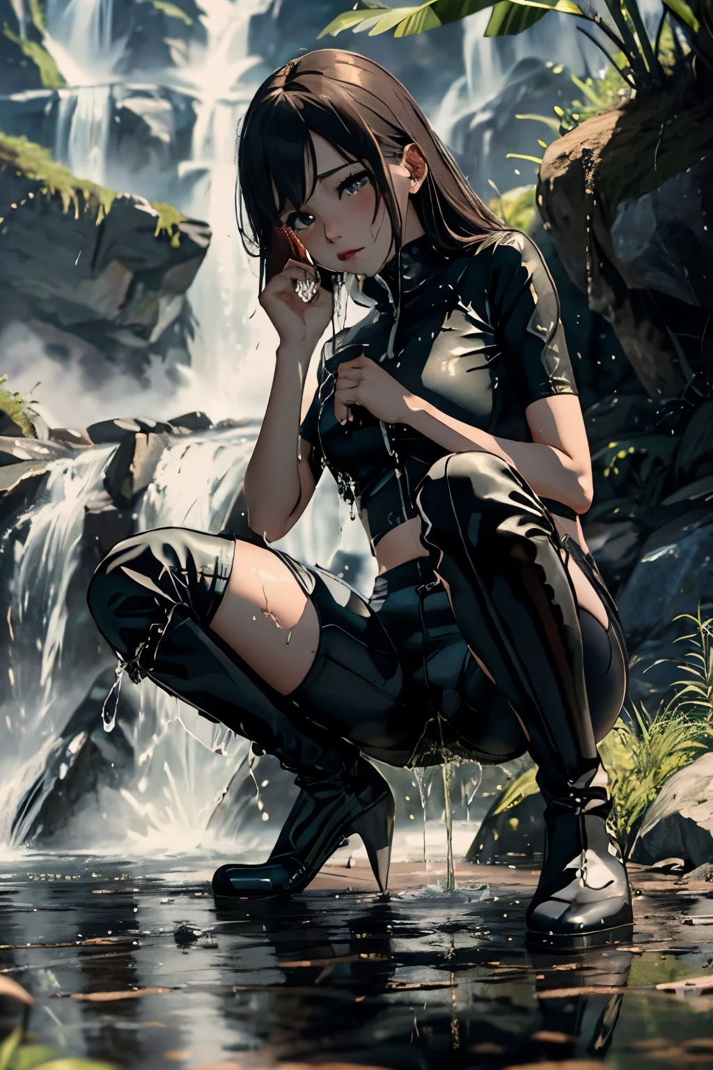 anime, best quality, high quality, highres, beautiful women, high detail, good lighting, lewd, hentai, (no nudity), (((((bike shorts))))), (((leather thigh high boots))), bare midriff, (wet shorts), (((wetting herself))), (((peeing herself))), (((peeing self))), (pee streaming down legs), peeing stain, (puddle), (thick thighs), nice long legs, lipstick, detailed face, pretty face, pretty hands, embarrassed blushing face, humiliated, ((legs spread)), (squatting), ((at a waterfall)), hihelz