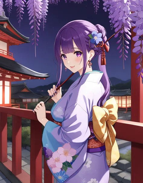 One girl,kimono,kimono,hair ornaments,Long Hair,Purple Hair,Purple eyes,Mole,Braiding,flower,alone,Mole under eye,flower火,View V...