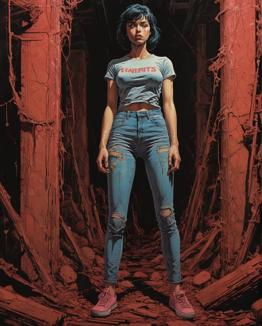 A slender female college student, Mona has large breasts, plump red lips, blue eyes, a shaggy haircut, black hair, and dark tan skin. She is dressed in light blue jeans, pink sneakers, and a form-fitting t-shirt with black and pink stripes...., maximalist art, by Moebius and Hariton Pushwagner, (ambient occlusion, masterful, beautiful), poster art, bold lines, hyper detailed, expressive, award winning, (landscape:1.4), (intricate details, masterpiece, best quality:1.4), looking at viewer, dynamic pose, wide angle view, in the style of nicola samori , futuristic style, sleek, ultra modern, high tech, ornate by Moebius and by Marc Simonetti, clean lines, geometric shapes, Minimalist color scheme of red and cyan
mkitdecy, rust, cracks brutalism, style by Tom Jung and Drew Struzan and Tim and Greg Hildebrandt, ((style by artgerm and Greg Manchess and Ilya Kuvshinov))