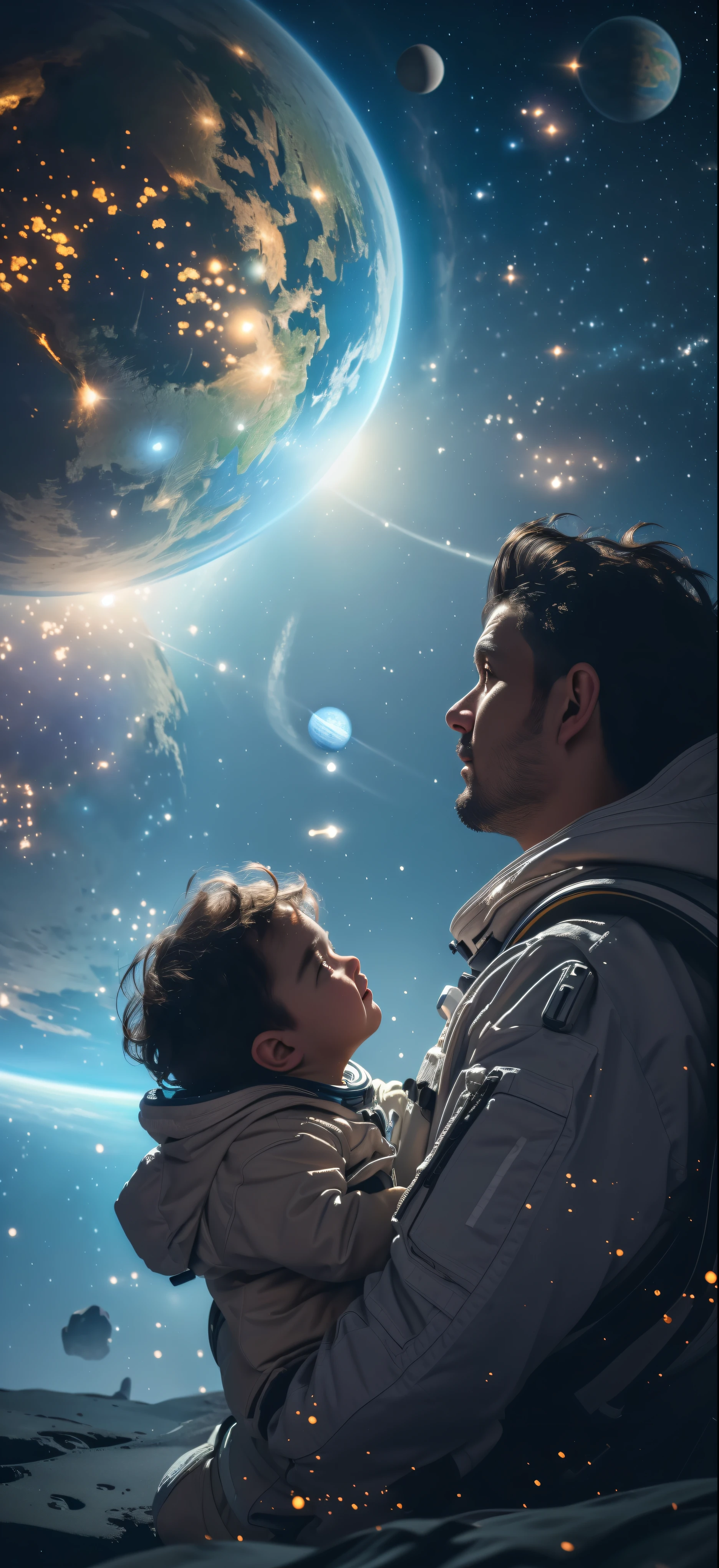 (傑作: 1.3), (8K, 実用的, RAW写真, 最高品質: 1.4), 惑星の前で赤ちゃんを抱く男性, 父親と , 美しい惑星と宇宙を背景に, 宇宙を見つめる, 美しいデジタルアート, ブザー, 著者：アダム・マルチンスキー, SFデジタルアート, SFデジタルアート, 宇宙を夢見る, 著者：タデウシュ・プルシュコフスキ