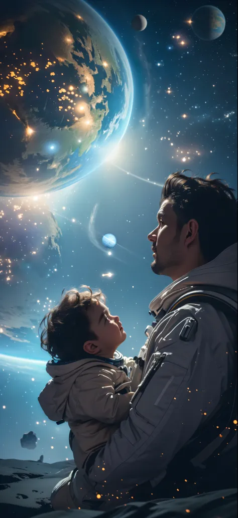 (masterpiece: 1.3), (8K, Practical, RAW photos, best quality: 1.4), A man holding a baby in front of a planet, father with child...