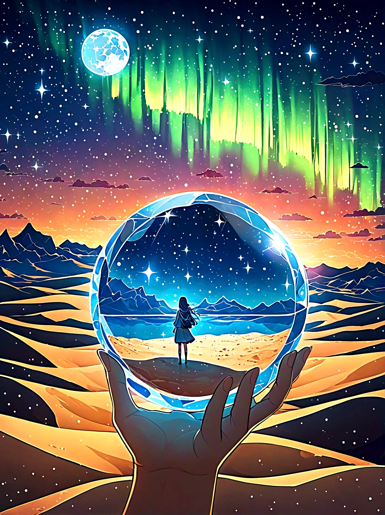 1pzsj1, Holding a crystal ball in one hand，Inside the crystal ball，Inside the sphere，night，The girl was fascinated by the vast d...