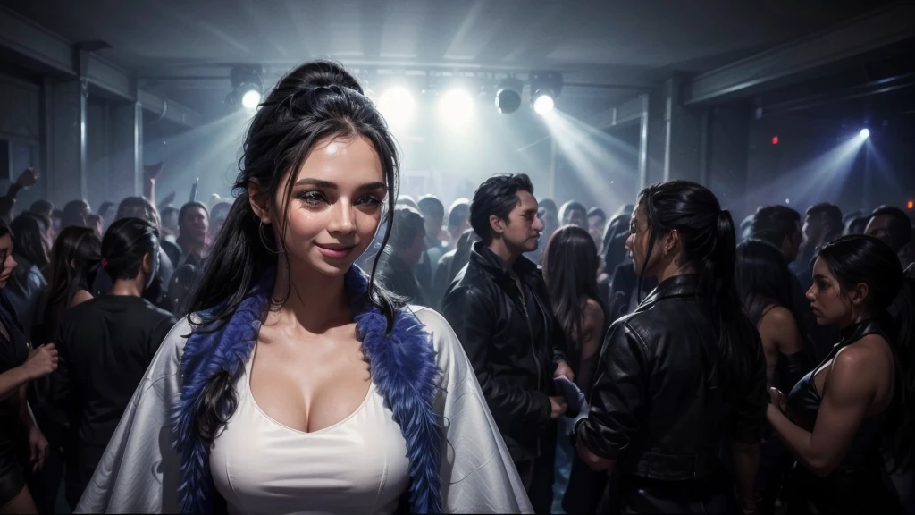 masterpiece, best quality, extremely detailed, hyperrealistic:1.1, photorealistic, a beautiful 20s russian model, ultra detailed face:1.1, sunglasses on head:1.1, blue fur shawl, white dress, high ponytail, black hair, at nightclub:1.2, nightclub light:1.1, party, music club, people dancing on the dance floor background, underground danceclub, laughing, eye closed 
