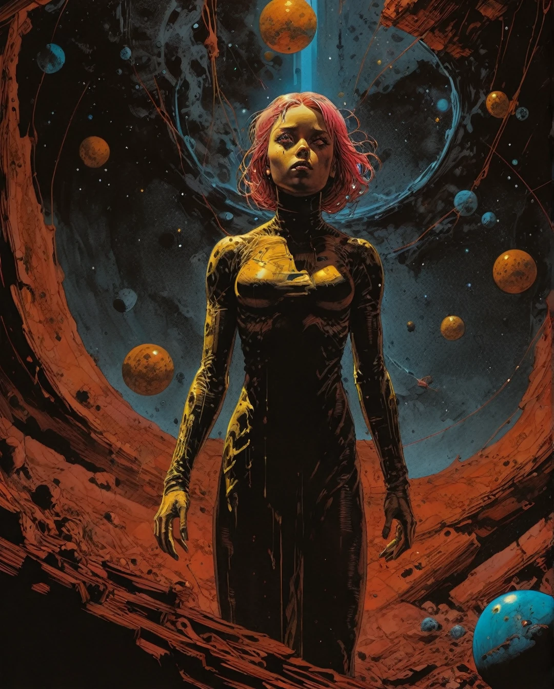 (masterpiece, best quality, highres, high resolution:1.2), extremely detailed, realistic, intricate details, planets, 1girl flying into space, pink hair, eye iris yellow, hero cape, solo, looking at planets, (abstract art:1.3), (dark theme:1.2), art, stylized, deep shadow, dark theme, cosmic dress, cosmic beauty, in space, nebula, (cinematic lighting, bloom, volumetric), reflective surfaces, subsurface Dispersion, Beyond imagination, very detailed eyes, best lips, best mouth.., maximalist art, by Moebius and Hariton Pushwagner, (ambient occlusion, masterful, beautiful), poster art, bold lines, hyper detailed, expressive, award winning, (landscape:1.4), (intricate details, masterpiece, best quality:1.4), looking at viewer, dynamic pose, wide angle view, in the style of nicola samori , futuristic style, sleek, ultra modern, high tech, ornate by Moebius and by Marc Simonetti, clean lines, geometric shapes, Minimalist color scheme of red and cyan
mkitdecy, rust, cracks brutalism, style by Tom Jung and Drew Struzan and Tim and Greg Hildebrandt, ((style by artgerm and Greg Manchess and Ilya Kuvshinov))