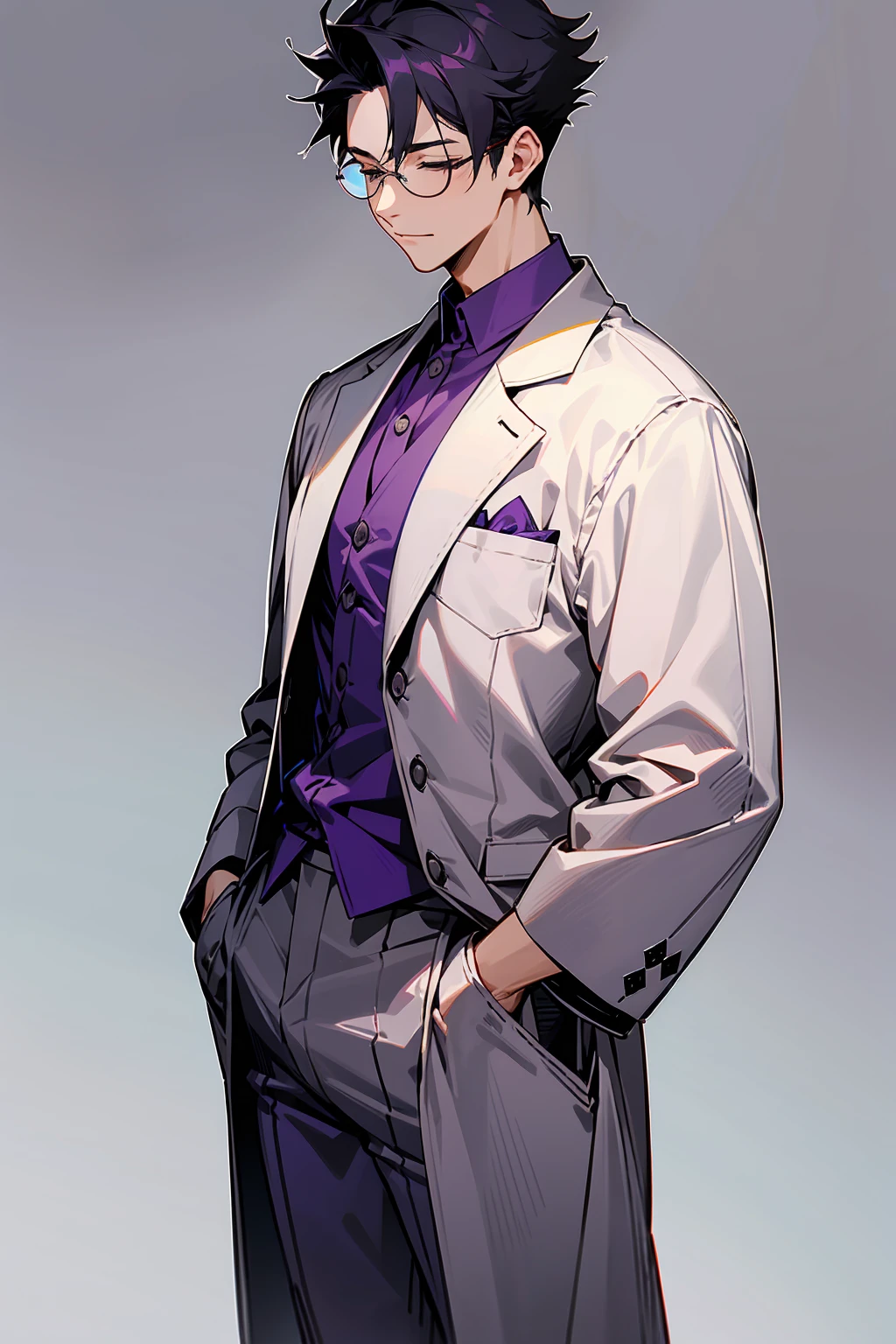 1male, Young Adult, Dark Purple, Eyes Closed, Short Hair, Spikey Hair, Grey Pants, Grey Lab Coat, Dojo Background, Slight Smile, Glasses, Standing In City, Detailed background, Dojo Outfit